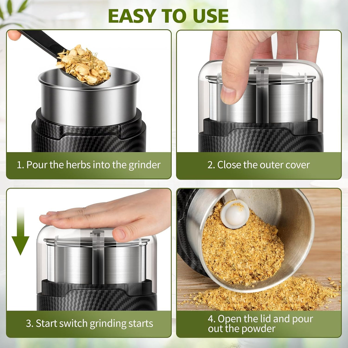 Hermolante Herb Grinder, Electric Spice Grinder, Press-Down Lid Starts