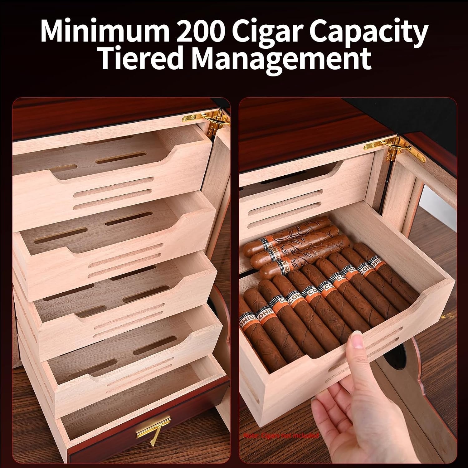 Cigar Humidor Cabinet, Cedar Wood Desktop Cigar Case with Digital Hygrometer, 4-Tier Compartments and Accessories Drawer, Holds 100-150 Cigars, Gifts for Men, Dad & Father