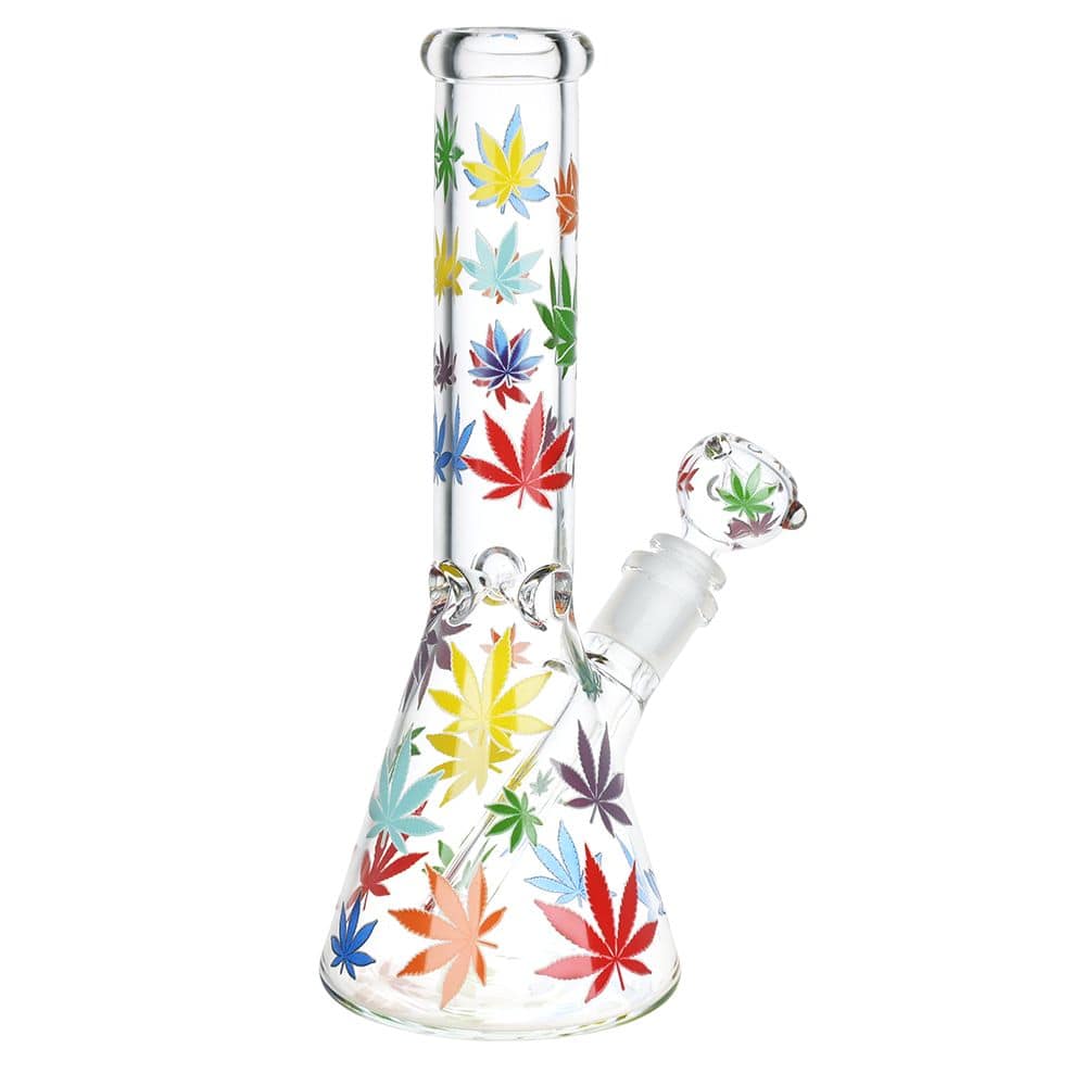 Rainbow Pride Leaf Beaker Glass Water Pipe - 10.25" / 14mm F - Discreet Smoker