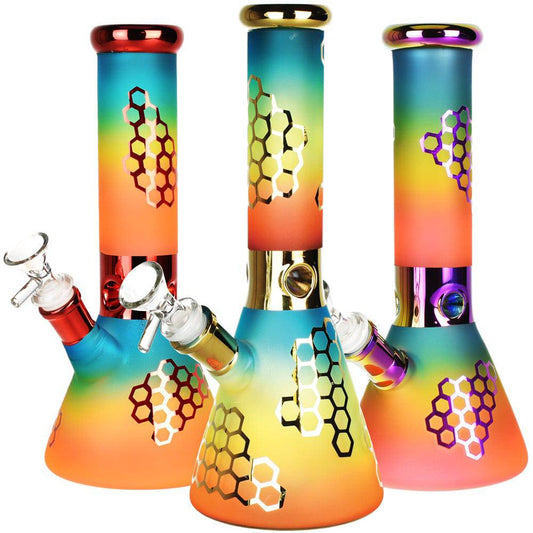 Rainbow Honeycomb Glass Water Pipe - 10" / 14mm F - Discreet Smoker