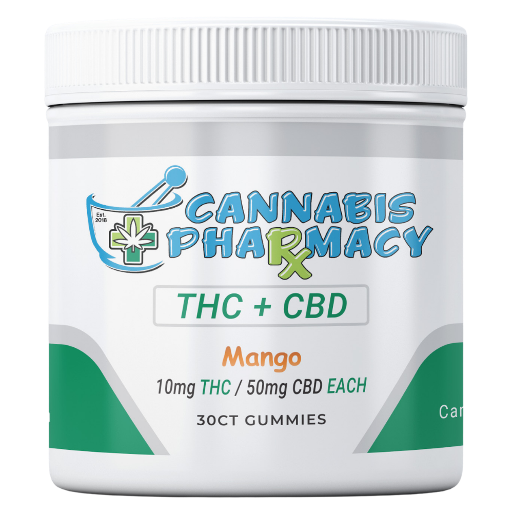 Cannabis Pharmacy THC Blend CBD Gummies | 50mg CBD + 10mg Delta 9 THC - Mango - 30ct