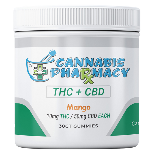 Cannabis Pharmacy THC Blend CBD Gummies | 50mg CBD + 10mg Delta 9 THC - Mango - 30ct - Discreet Smoker