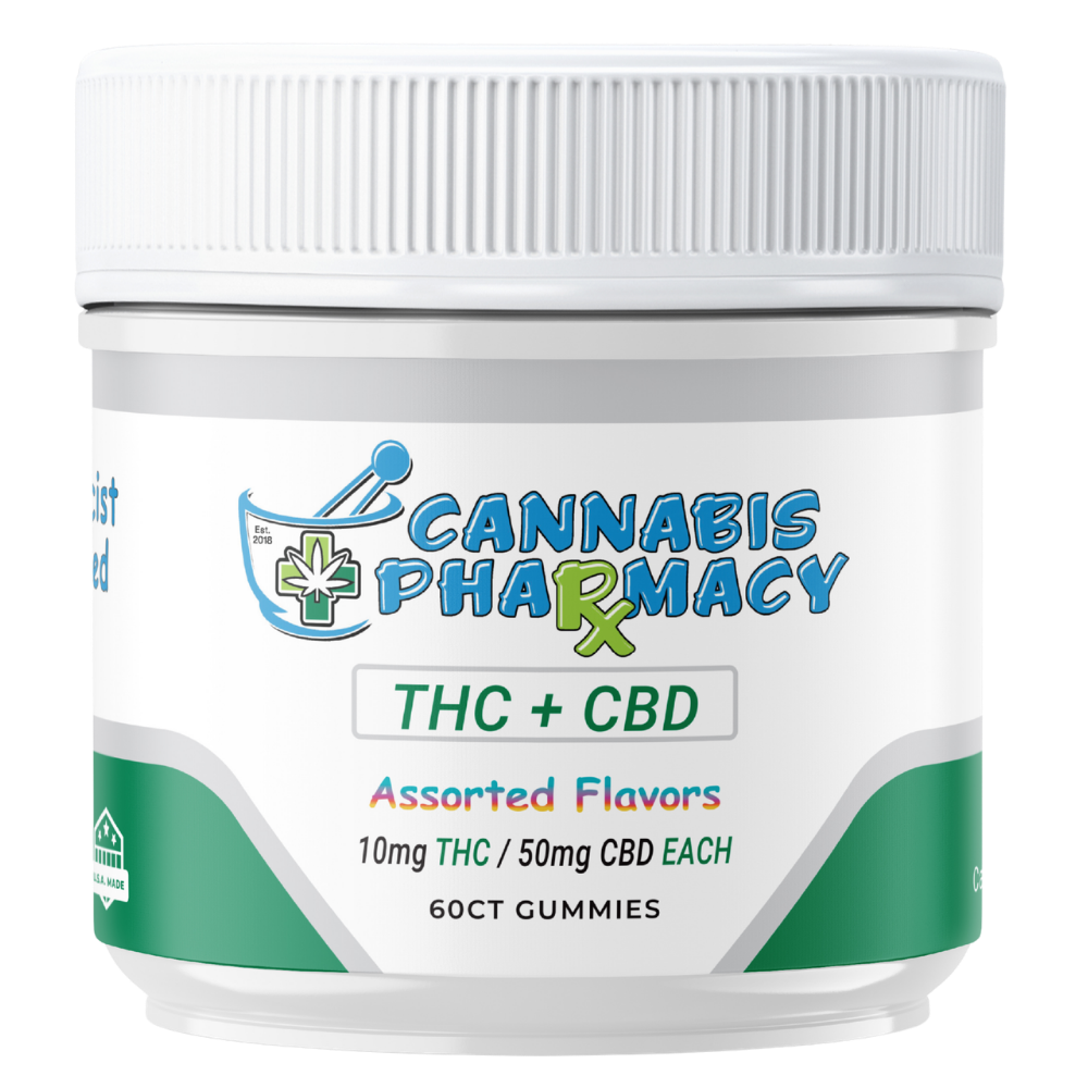 Cannabis Pharmacy THC Blend CBD Gummies | 50mg CBD + 10mg Delta 9 THC - Assorted Flavors - 60ct