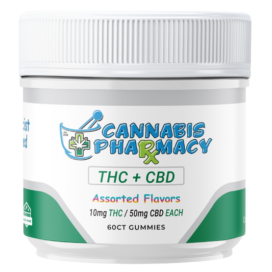 Cannabis Pharmacy THC Blend CBD Gummies | 50mg CBD + 10mg Delta 9 THC - Assorted Flavors - 60ct - Discreet Smoker