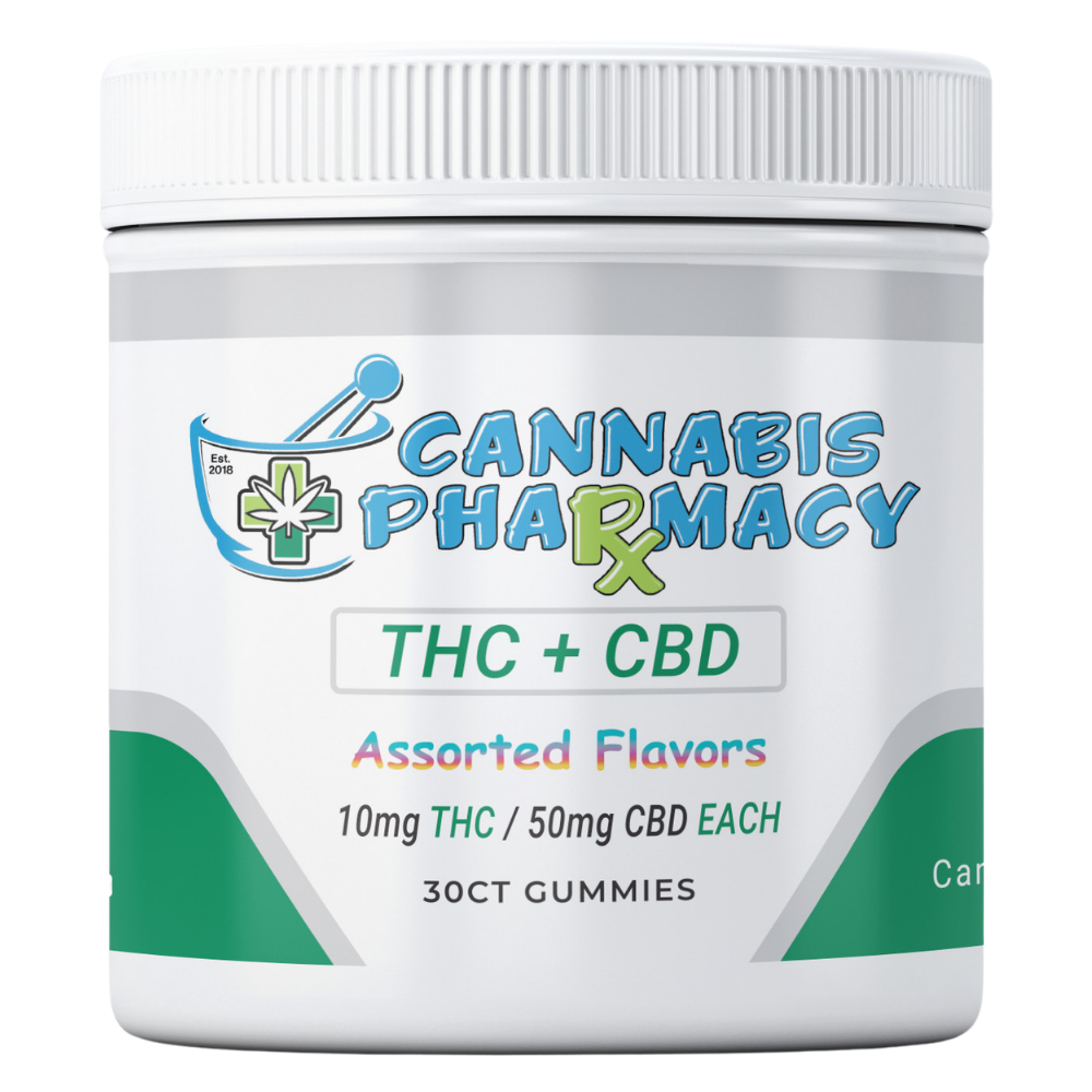 Cannabis Pharmacy THC Blend CBD Gummies | 50mg CBD + 10mg Delta 9 THC - Assorted Flavors - 30ct