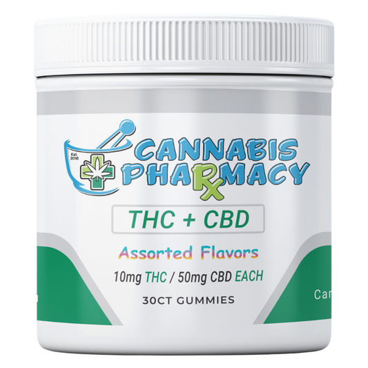 Cannabis Pharmacy THC Blend CBD Gummies | 50mg CBD + 10mg Delta 9 THC - Assorted Flavors - 30ct - Discreet Smoker