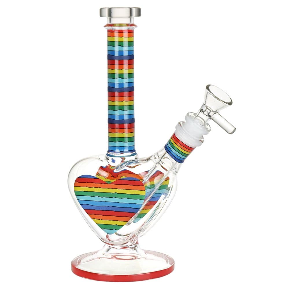 Rainbow Striped Heart Glass Water Pipe - 8.5" / 14mm F - Discreet Smoker