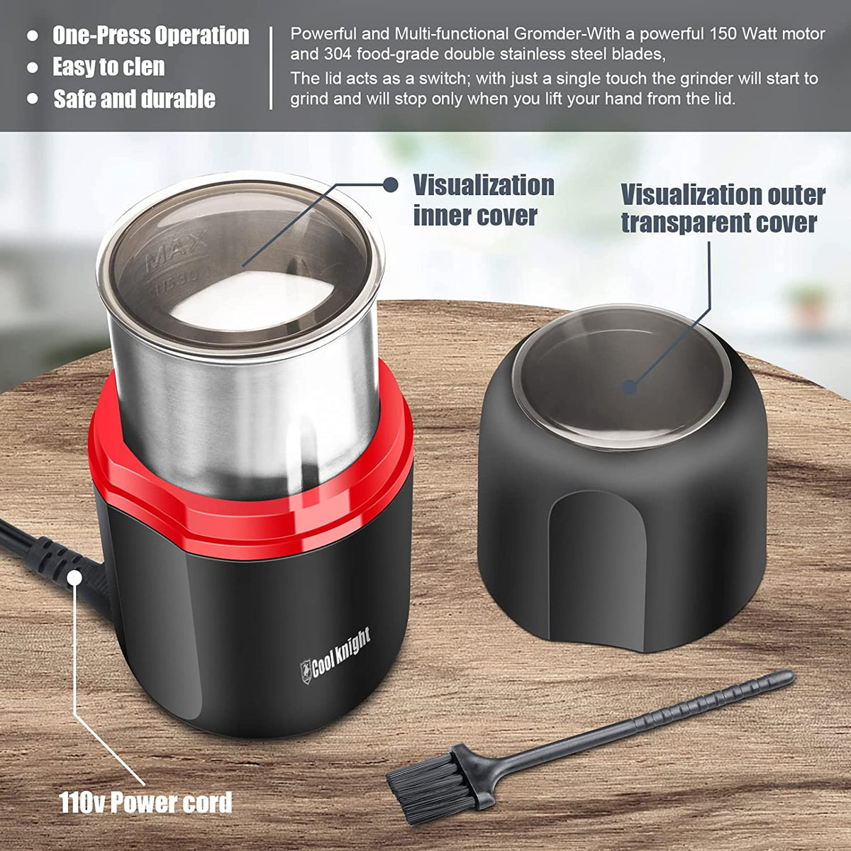 Herb Grinder [Large Capacity/Fast/Electric ]-Spice Herb Coffee Grinder with Pollen Catcher/- 7.5" (Black)