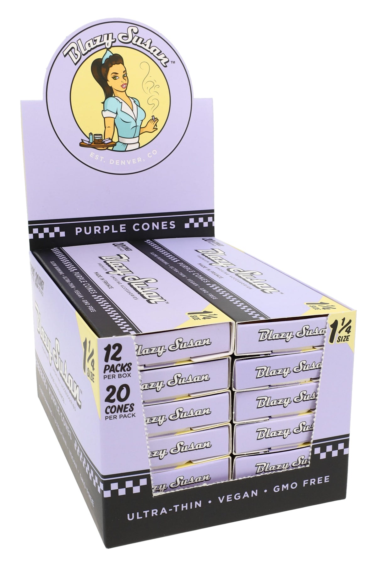 Blazy Susan 1¼ Pre-Rolled Cones – Pink or Purple – 20/Pack – 12-Count Display - Discreet Smoker