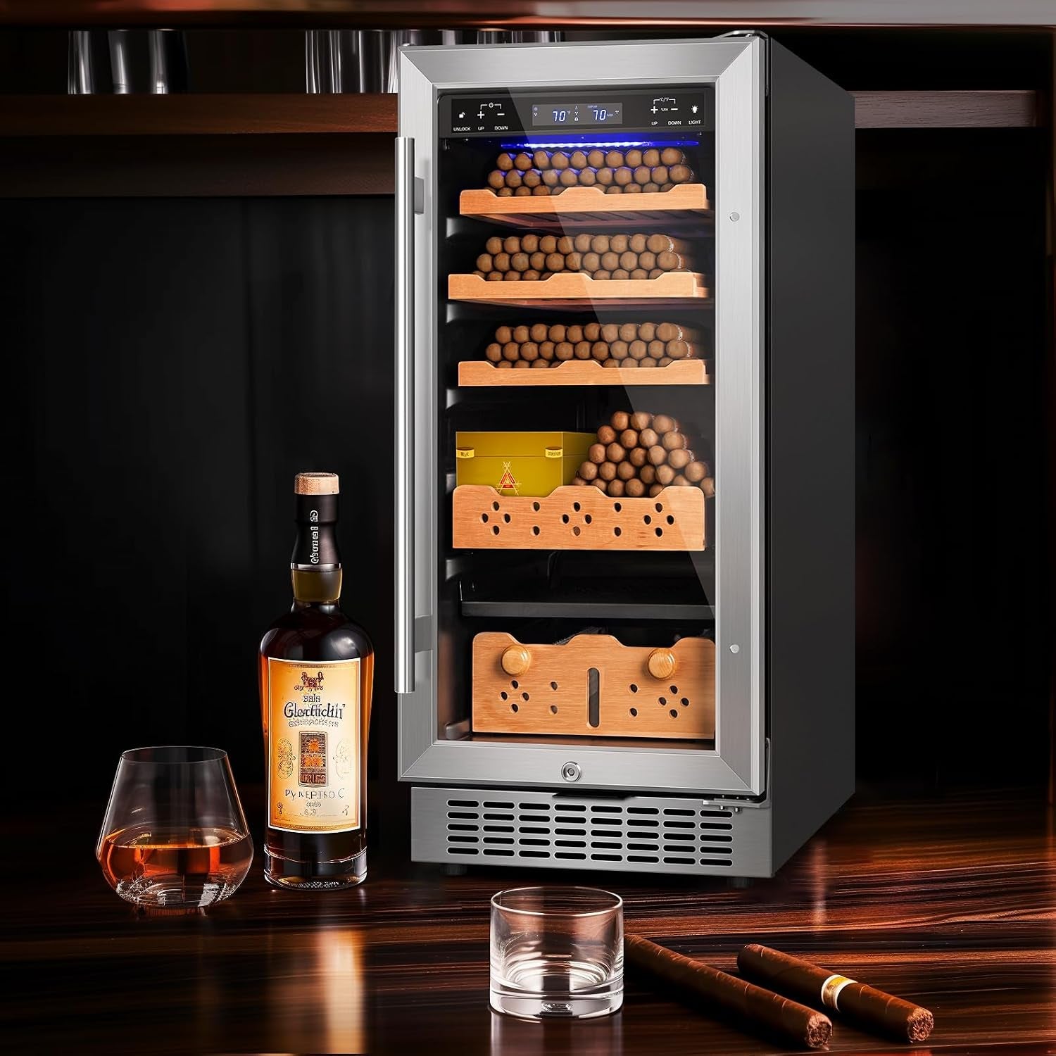 Electric Cigar Humidor, 15 Inch Upgraded Large Capacity Humidor Cabinet with Powerful Compressor, Digital LED Screen, Safety Lock, Smart Humidity & Temp Control, Gifts for Men