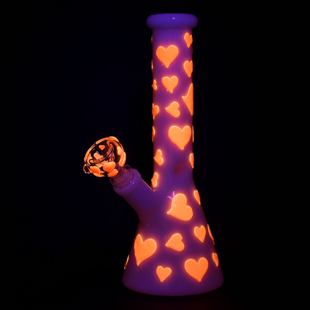 Valentines Day Heart Glow In The Dark Beaker Water Pipe - 10" / 14mm F - Discreet Smoker