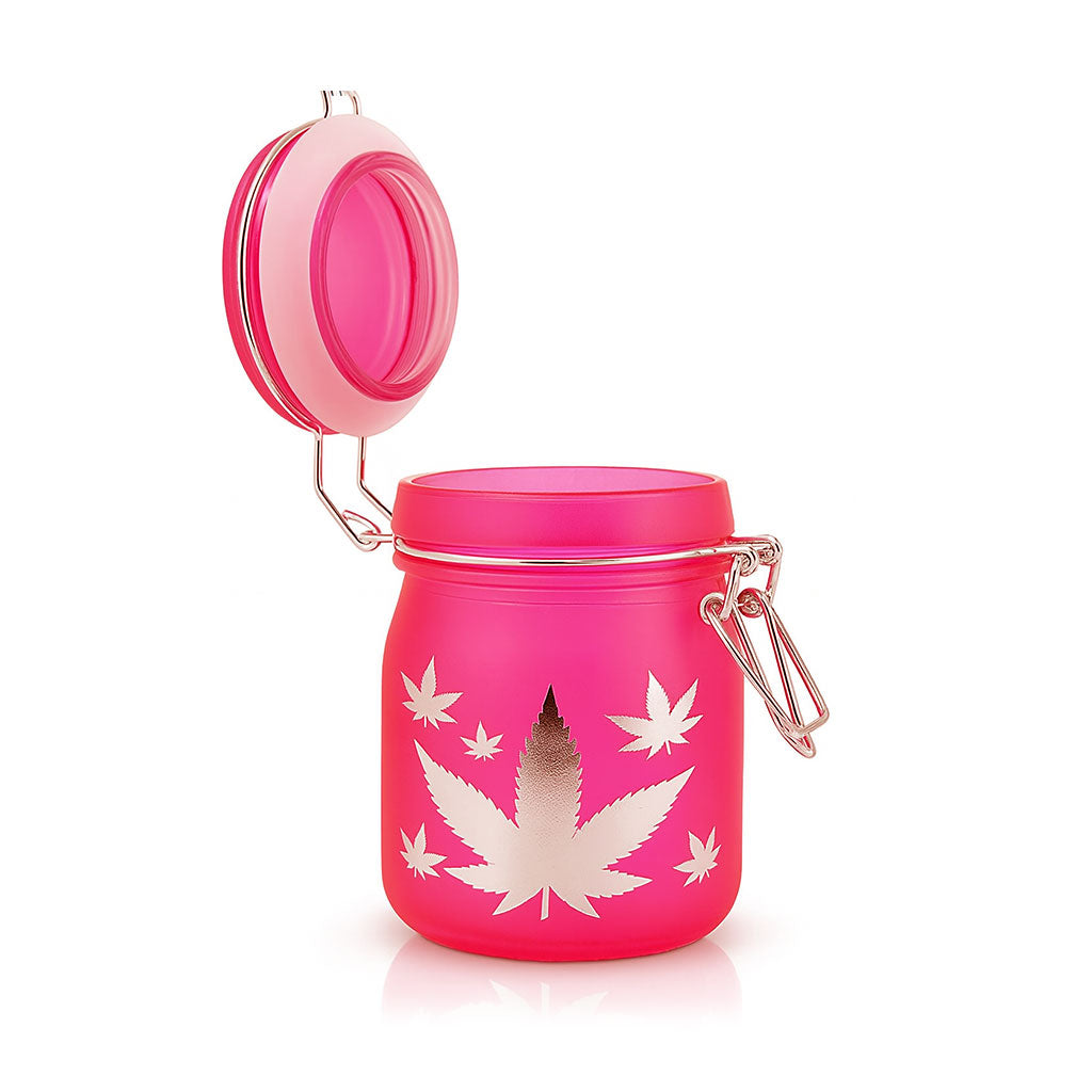 AIRTIGHT GLASS SILVER LEAVES STASH JAR WITH CLAMP LID - Discreet Smoker