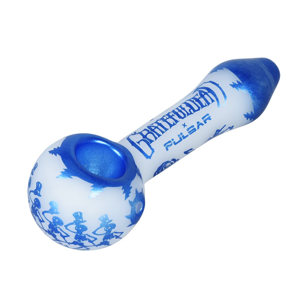 Grateful Dead x Pulsar Blue Sky Dancing Skellies Glass Spoon Pipe - 4.75" - Discreet Smoker