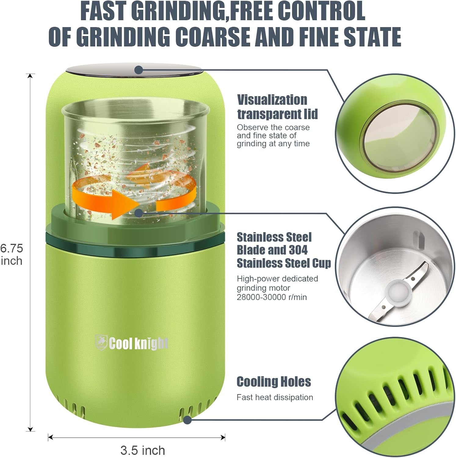 COOL KNIGHT Herb Grinder [Large Capacity/Fast/Electric ]-Spice Herb Coffee Grinder with Pollen Catcher/- 7.5" (Green)