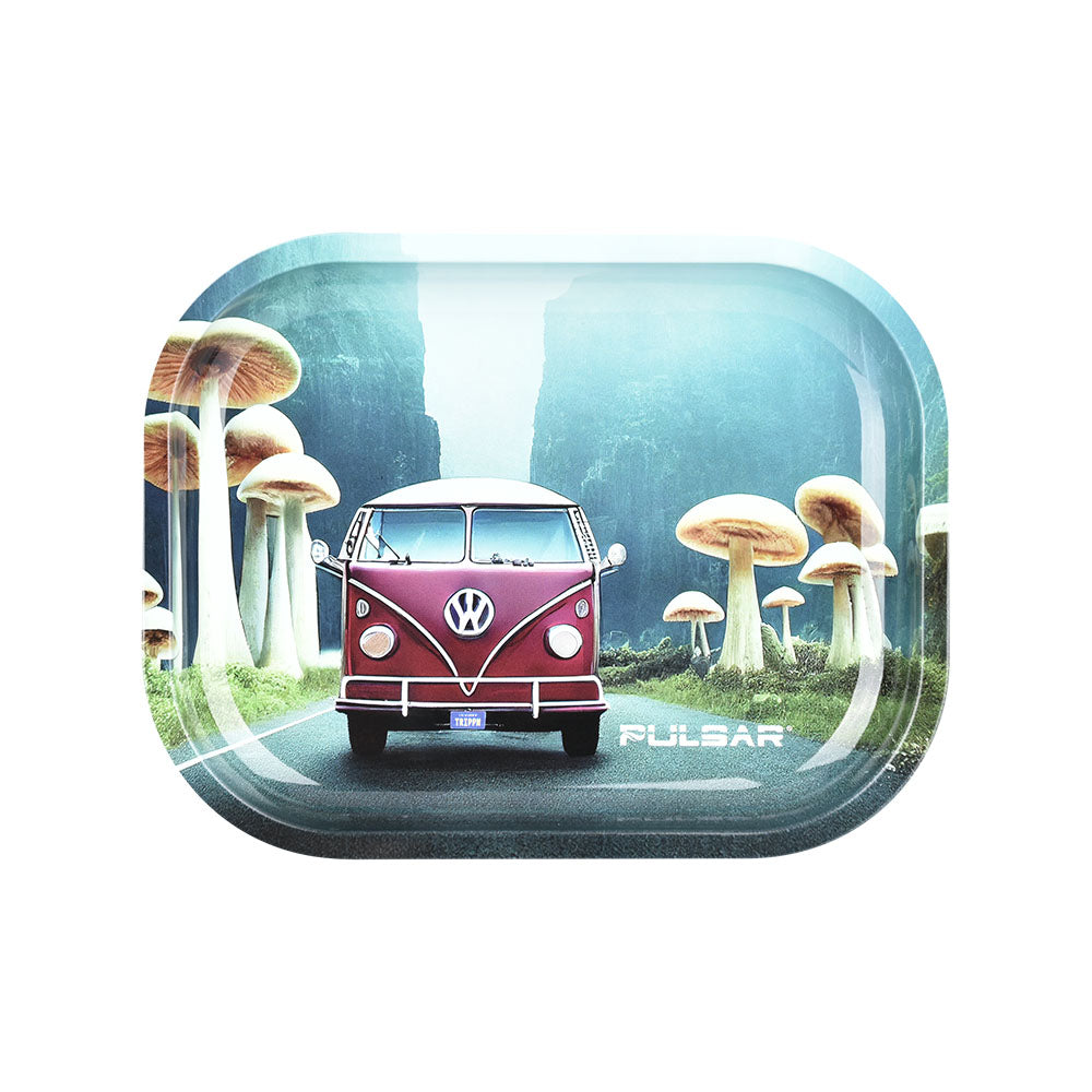 Pulsar Mini Metal Rolling Tray w/ Lid - Camper Van Shroom Trip / 7"x5.5" - Discreet Smoker