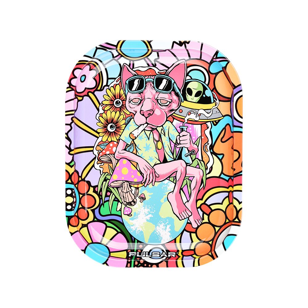 Pulsar Mini Metal Rolling Tray - Chill Cat / 7"x5.5" - Discreet Smoker