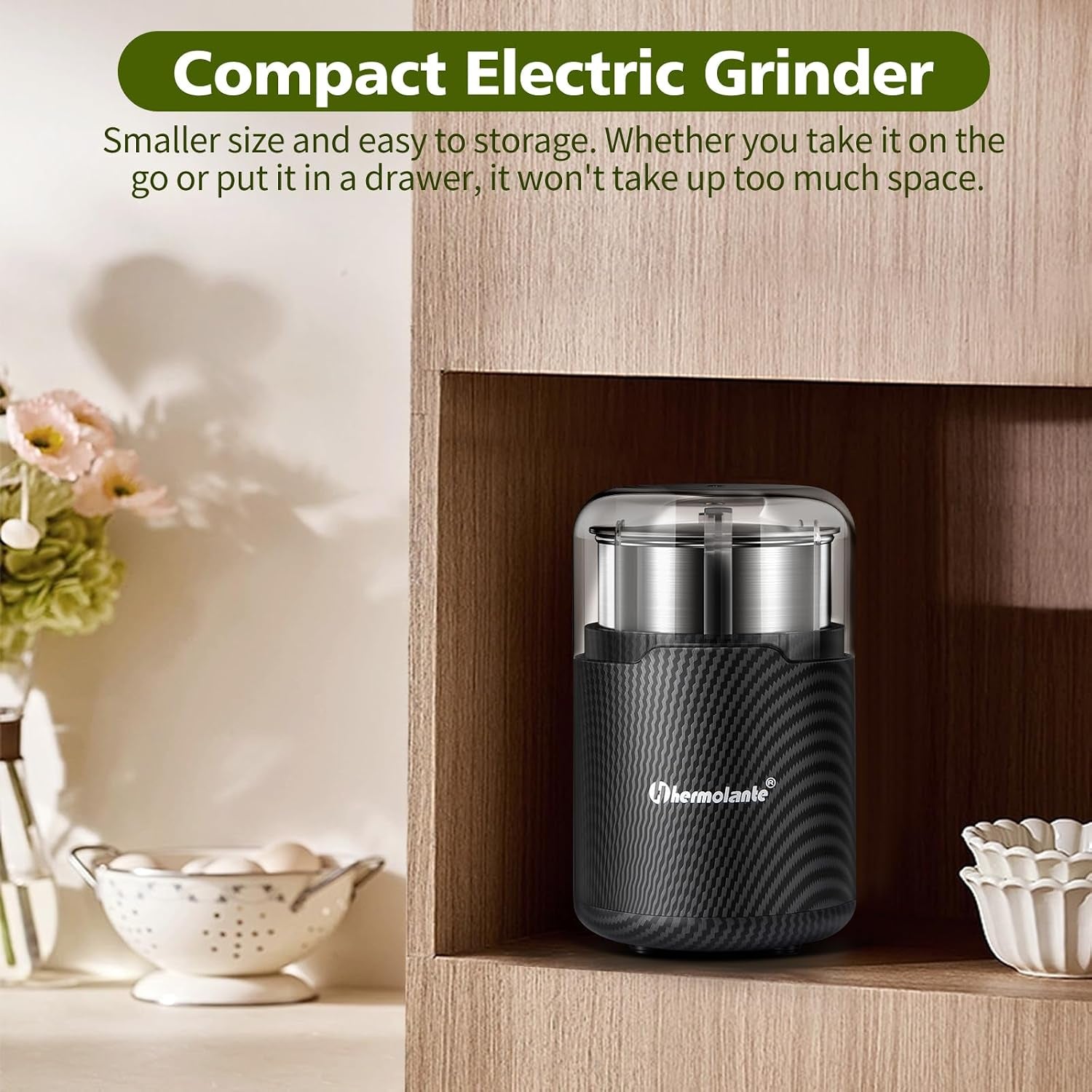 Hermolante Herb Grinder, Electric Spice Grinder, Press-Down Lid Starts