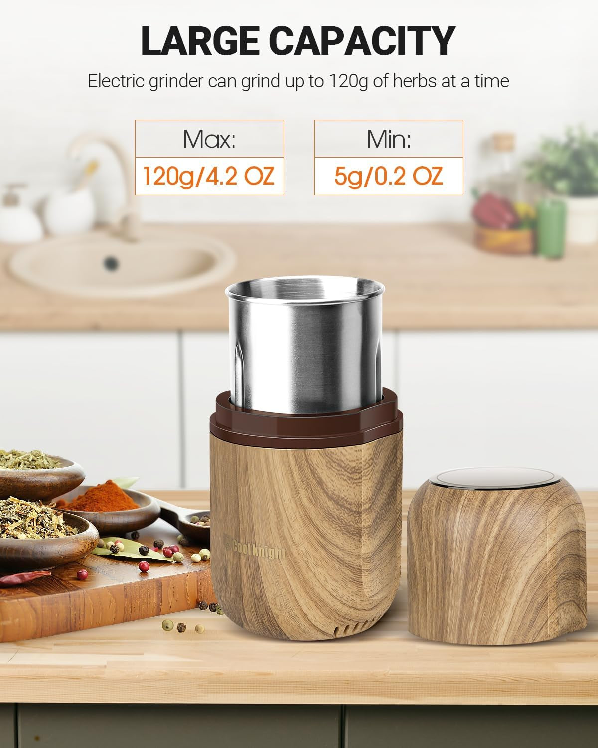 Electric Herb Grinder [Large Capacity/High Rotating Speed]-Electric Grinder for Spices and Herbs (Wood Grain 2)