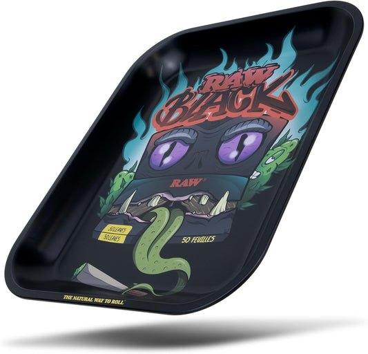 RAW Black Rolling Tray - Limited Edition Monster Design for Pre-Rolled Cones, Wrap Papers, and Accessories - Large - 14 X 11 Inches