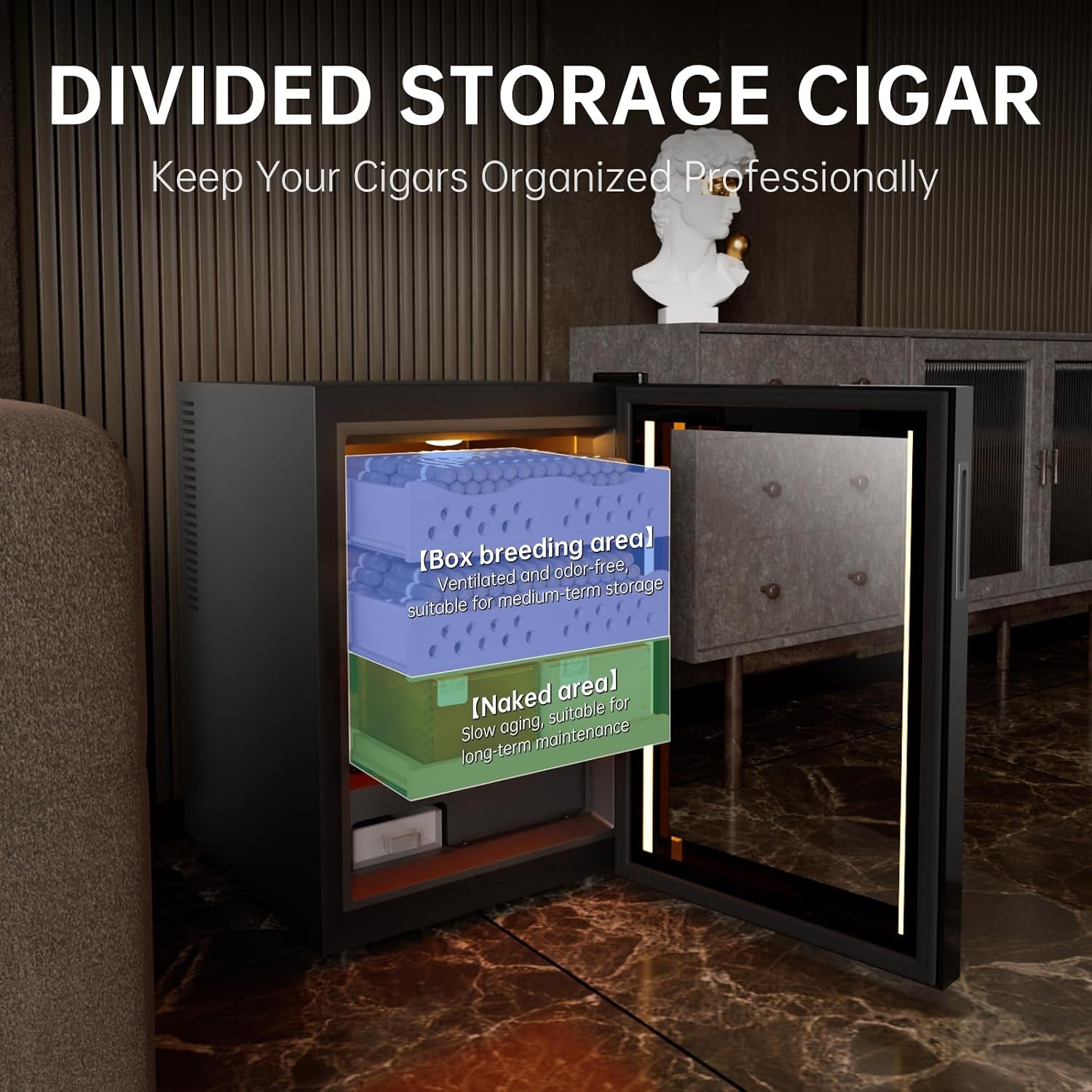 50L Electric Cigar Humidor Cabinet with 3 Cedar Wood Shelves for 300 Counts, Humidity Temperature Control, Heating & Cooling Humidor Electric Cigar Humidor Cabinet with Water Tank, Gift for Men