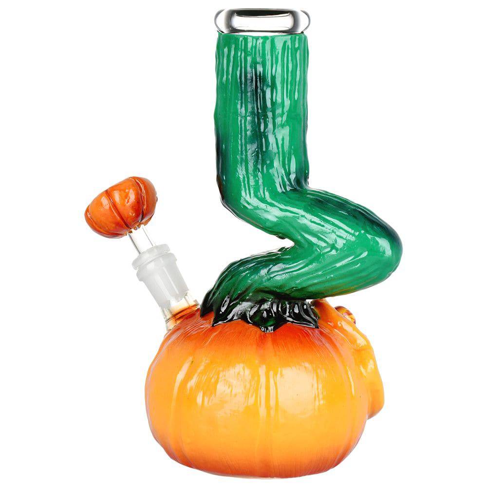 Bent Neck Scary Pumpkin Enamel On Glass Water Pipe - 10" / 14mm F - Discreet Smoker