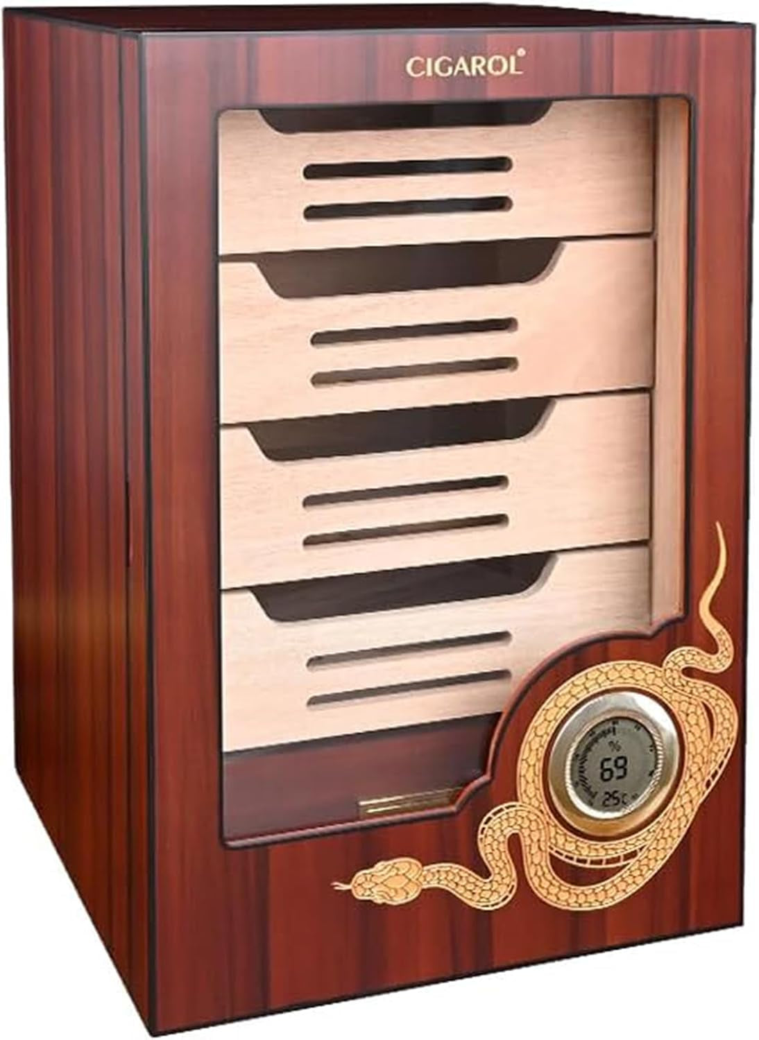 Cigar Humidor Cabinet, Cedar Wood Desktop Cigar Case with Digital Hygrometer, 4-Tier Compartments and Accessories Drawer, Holds 100-150 Cigars, Gifts for Men, Dad & Father