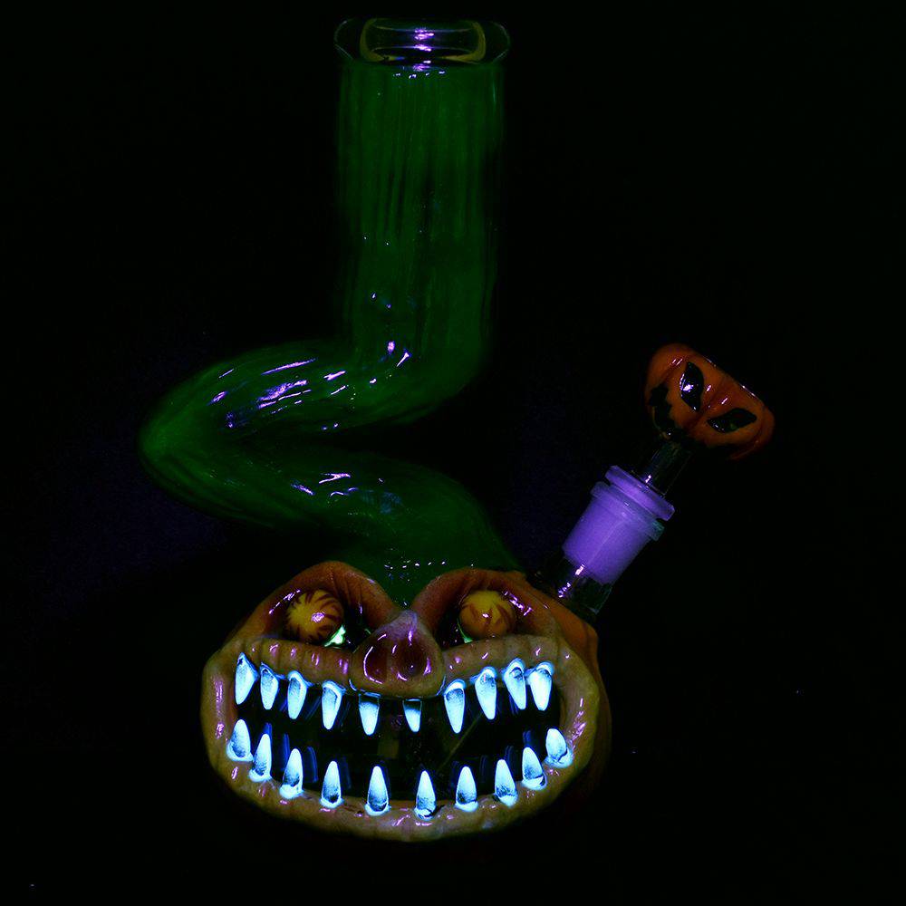 Bent Neck Scary Pumpkin Enamel On Glass Water Pipe - 10" / 14mm F - Discreet Smoker