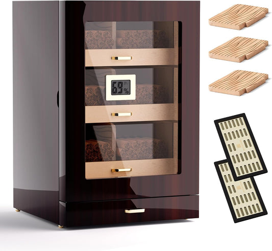Cigar Humidor, Cigar Humidor Cabinet Airtight Desktop Humidor Accessory Drawer Holds 150 Cigars,3 Cedar Tary Dividers, Magnetic Door Digital Hygrometer Humidifiers,Gift for Men