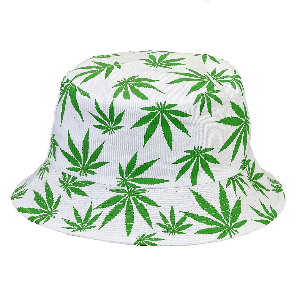 bucket hat - white hat with green leaves - Discreet Smoker