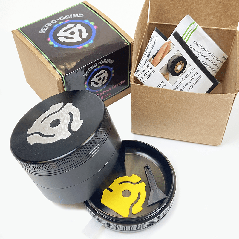 LED Light Show Herb Grinder ~ Magnetic Lid, 4 Pieces with Screen Catcher, Let our fun 2.5" Black Retro-Grind light up your daily grind! - Discreet Smoker