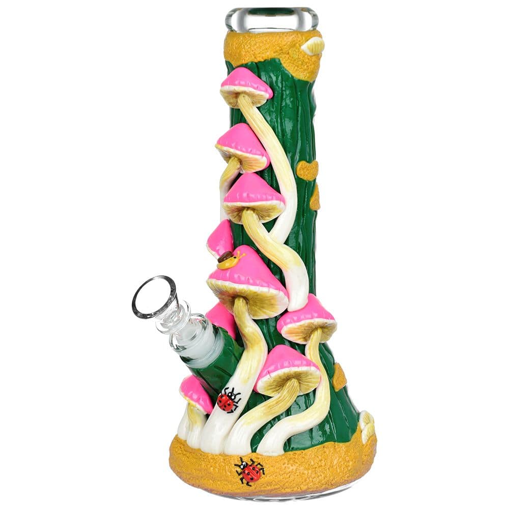 Mushroom Madness Glow in Dark Glass Beaker Water Pipe - 10" /14mm F/ Colors Vary - Discreet Smoker
