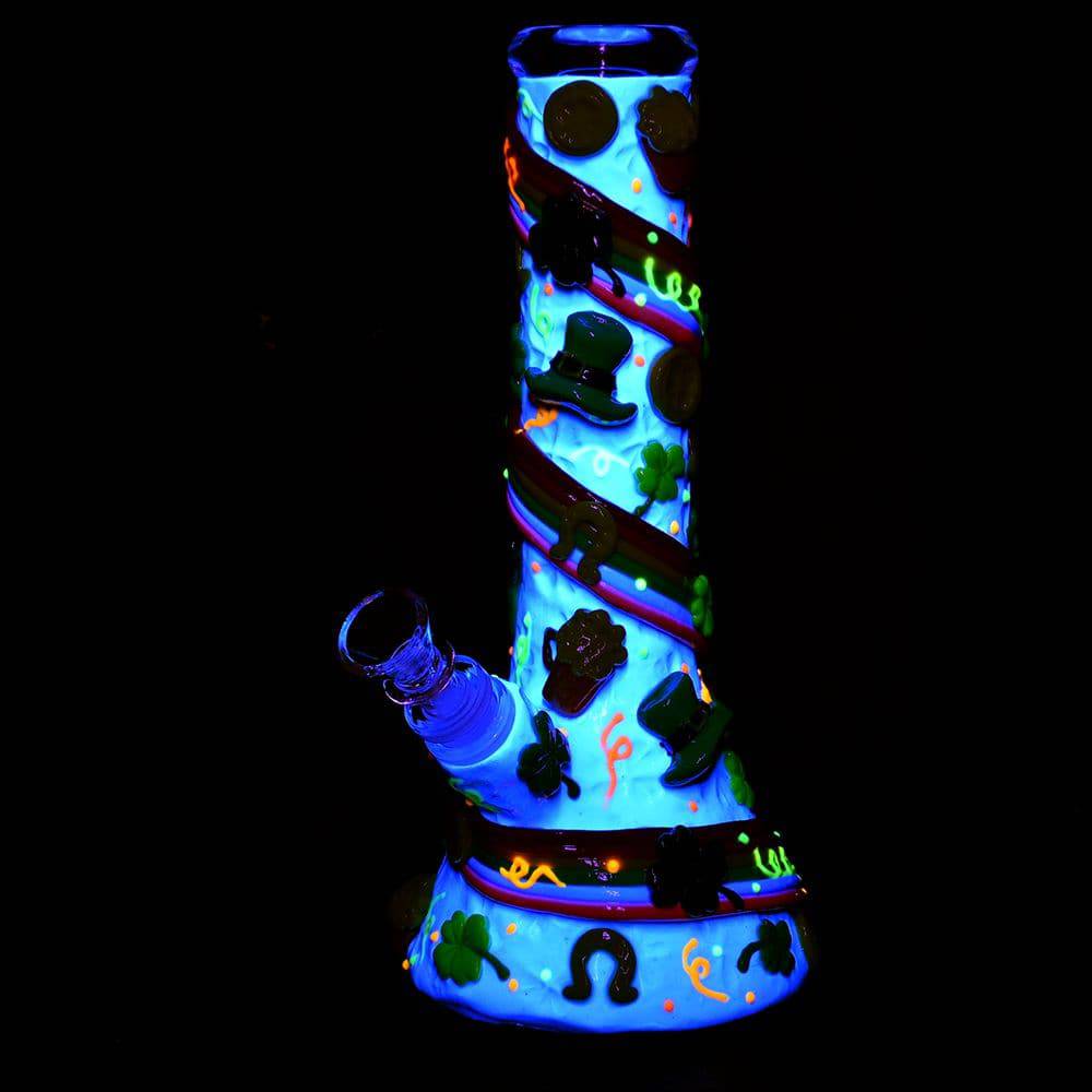 St. Patrick's Day Rainbows and Gold Glow In The Dark Water Pipe - 10" / 14mm F - Discreet Smoker