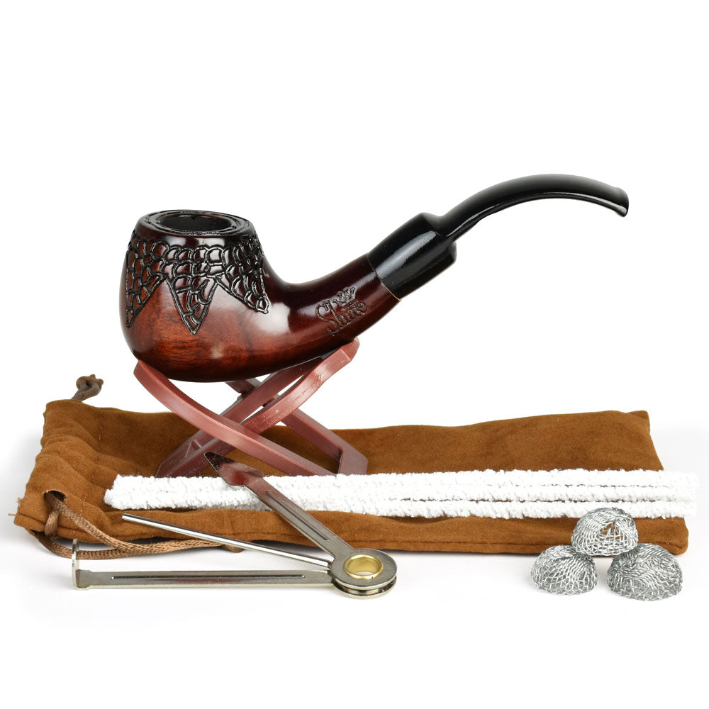 Pulsar Shire Pipes Engraved Bowl Bent Apple Cherry Wood Pipe - 5.5" - Discreet Smoker