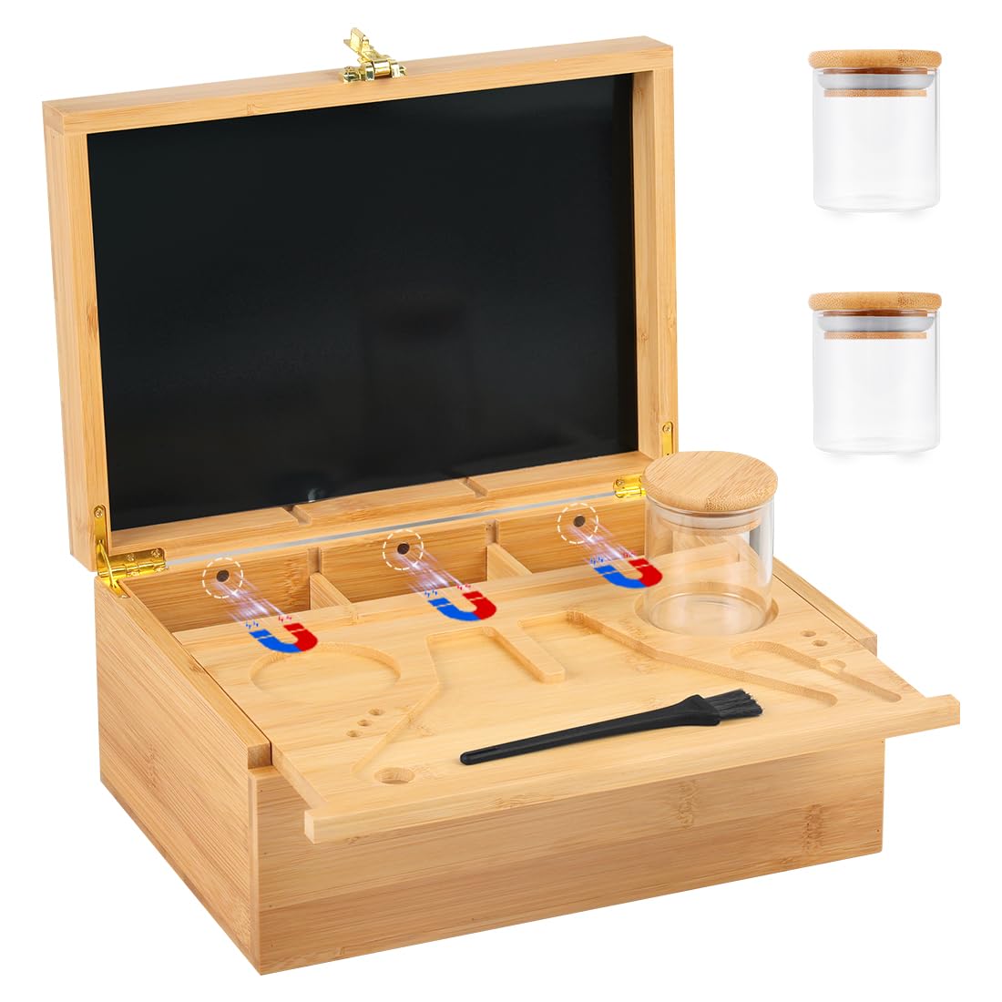 Large Bamboo Stash Box with Combination Lock 3 Glass Jar - Discreet Smoker