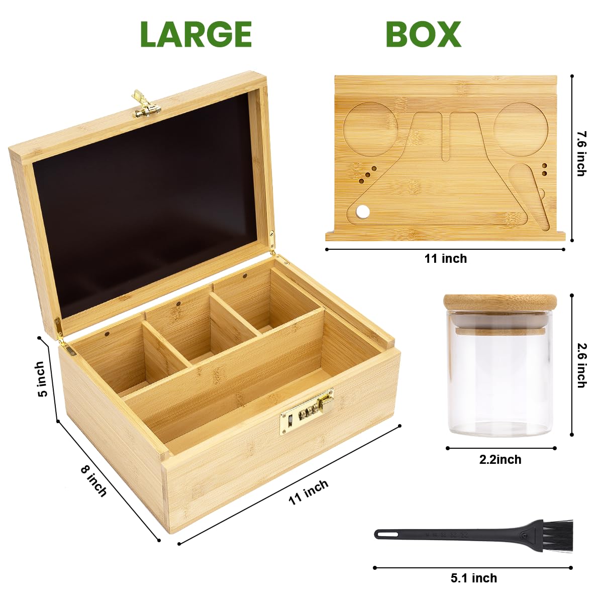 Large Bamboo Stash Box with Combination Lock 3 Glass Jar - Discreet Smoker