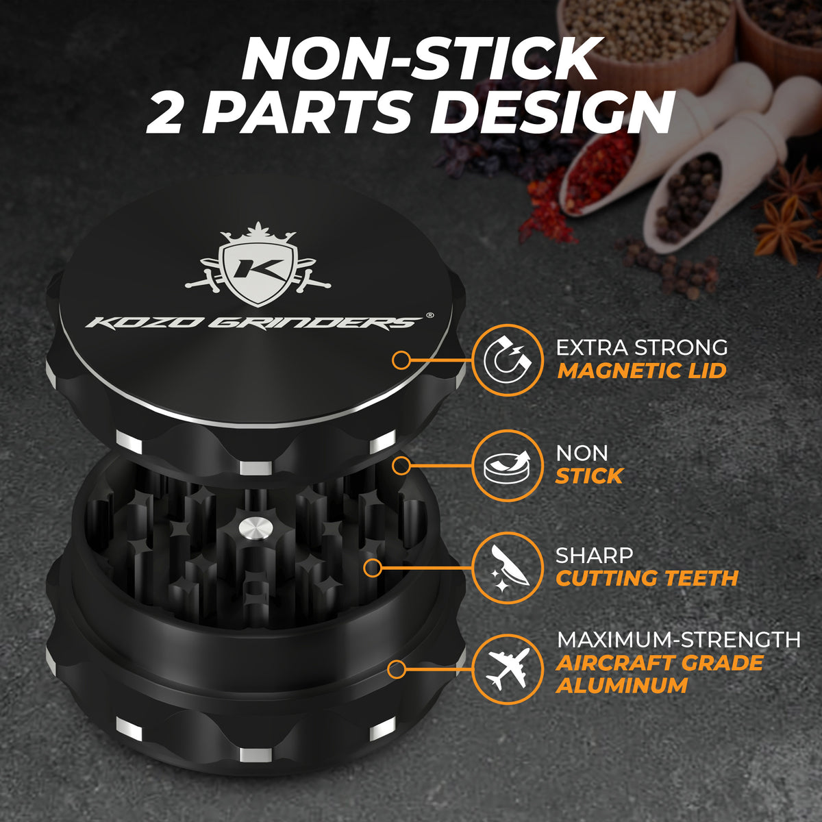 Kozo 2-Piece Non-Stick, Ceramic Coating 2.5" Aluminum Grinder - Discreet Smoker