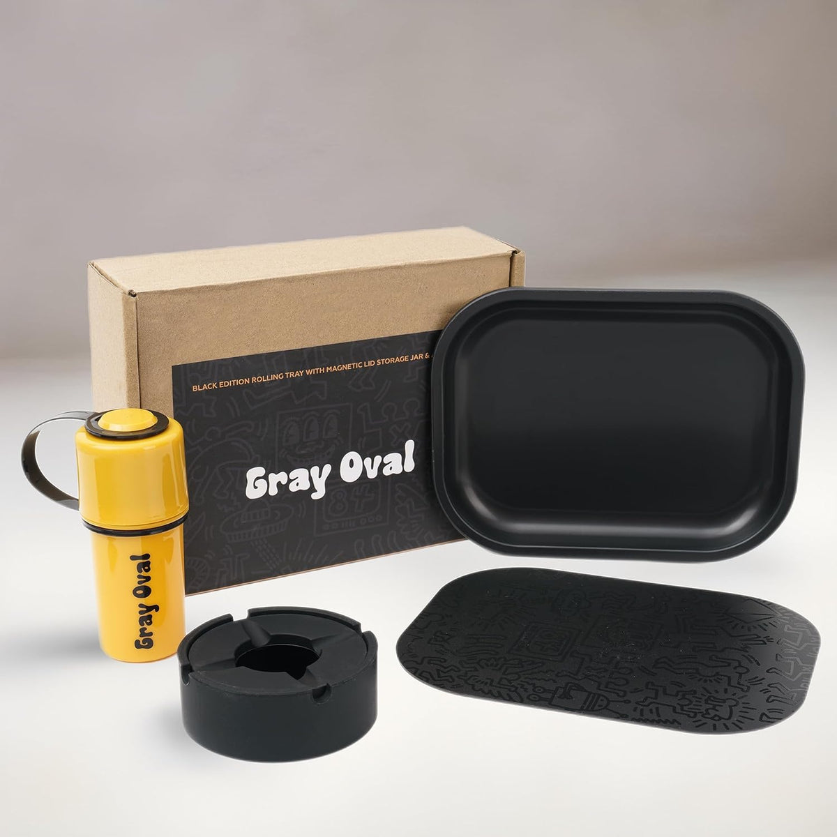 Black Rolling Tray Set with Magnetic Lid 7"X5" - Smoking Accessories by