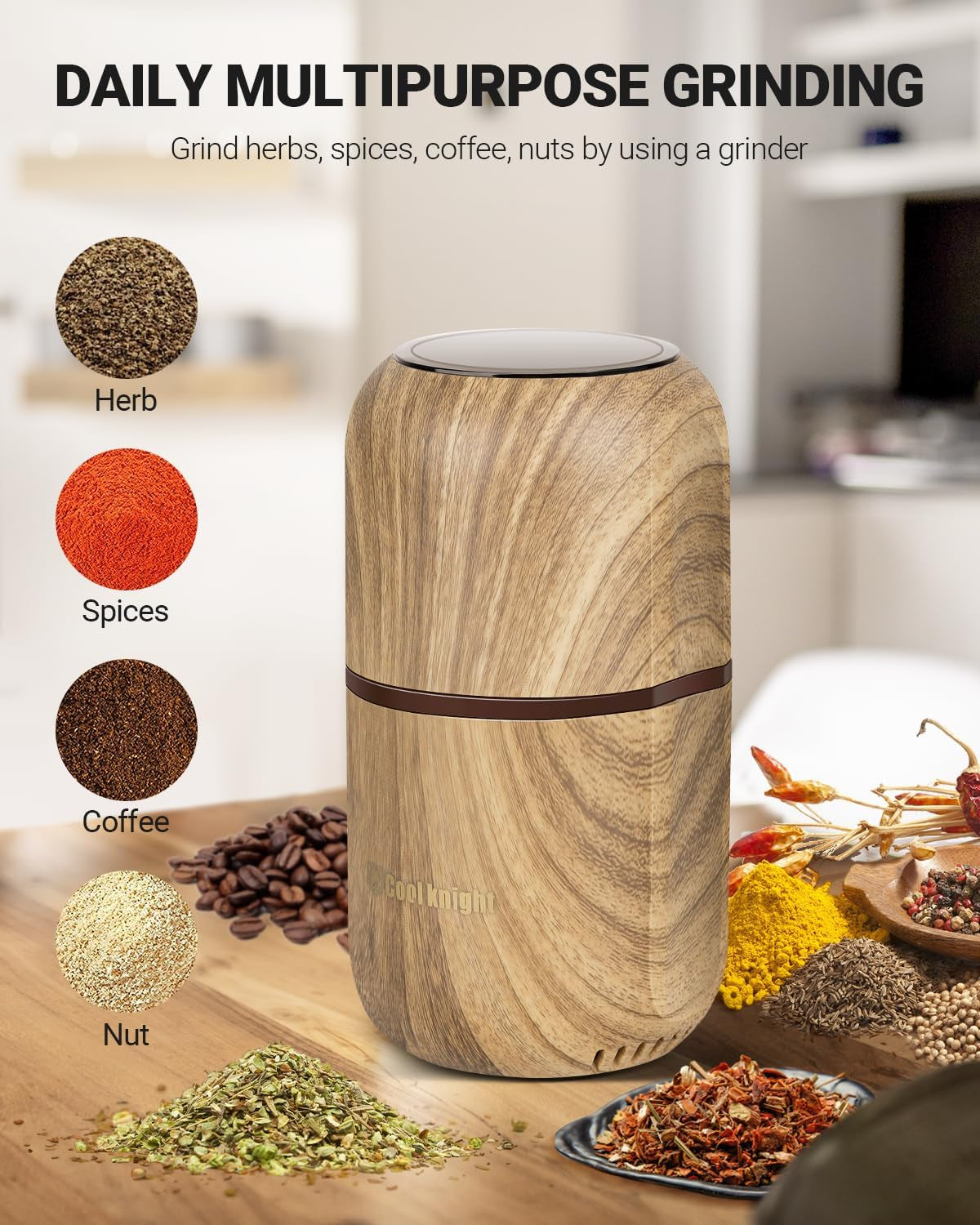 Electric Herb Grinder [Large Capacity/High Rotating Speed]-Electric Grinder for Spices and Herbs (Wood Grain 2)