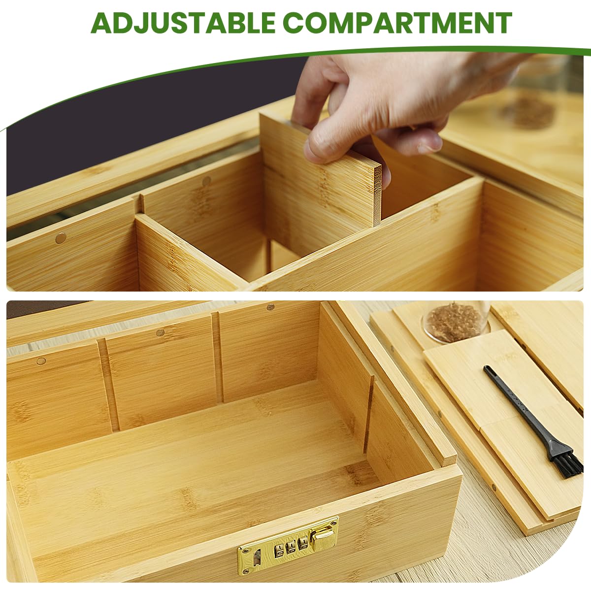 Large Bamboo Stash Box with Combination Lock 3 Glass Jar - Discreet Smoker