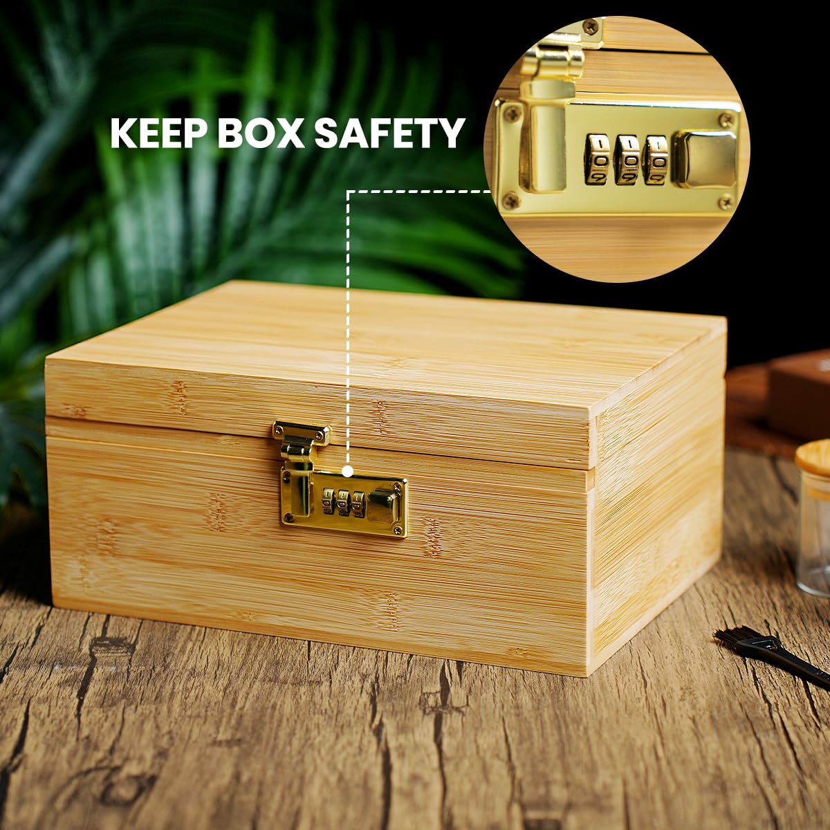 Large Bamboo Stash Box with Combination Lock 3 Glass Jar - Discreet Smoker