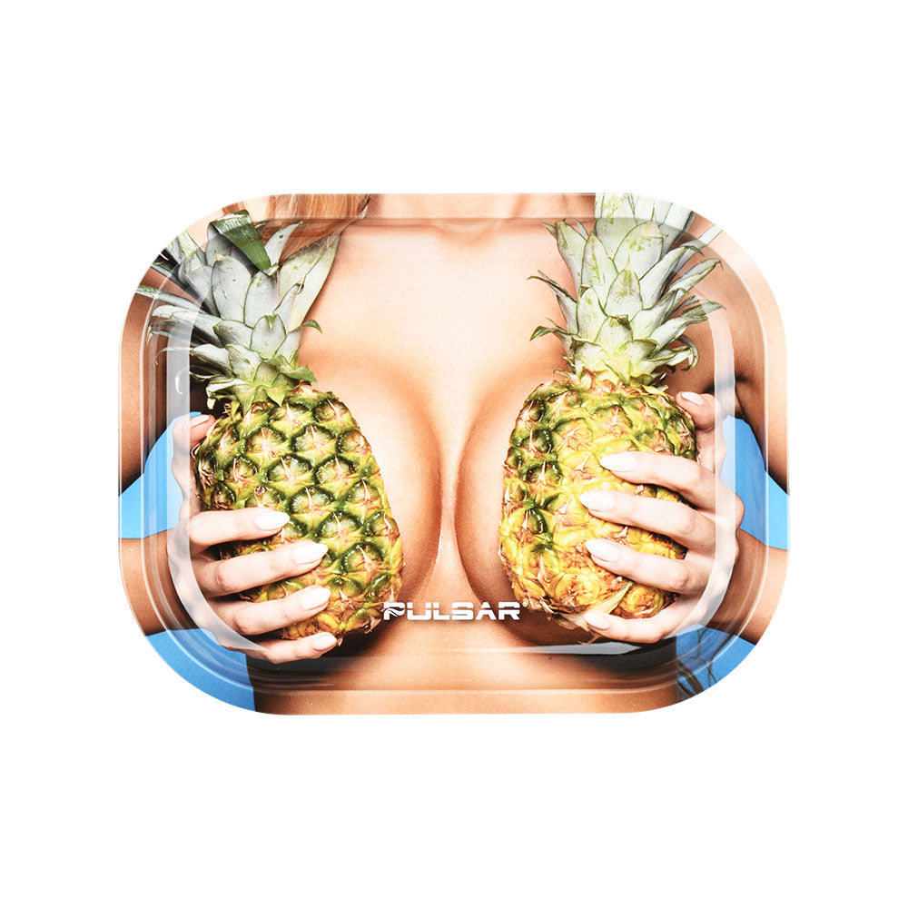 Pulsar Mini Metal Rolling Tray w/ Lid - Large Pineapples / 7"x5.5" - Discreet Smoker