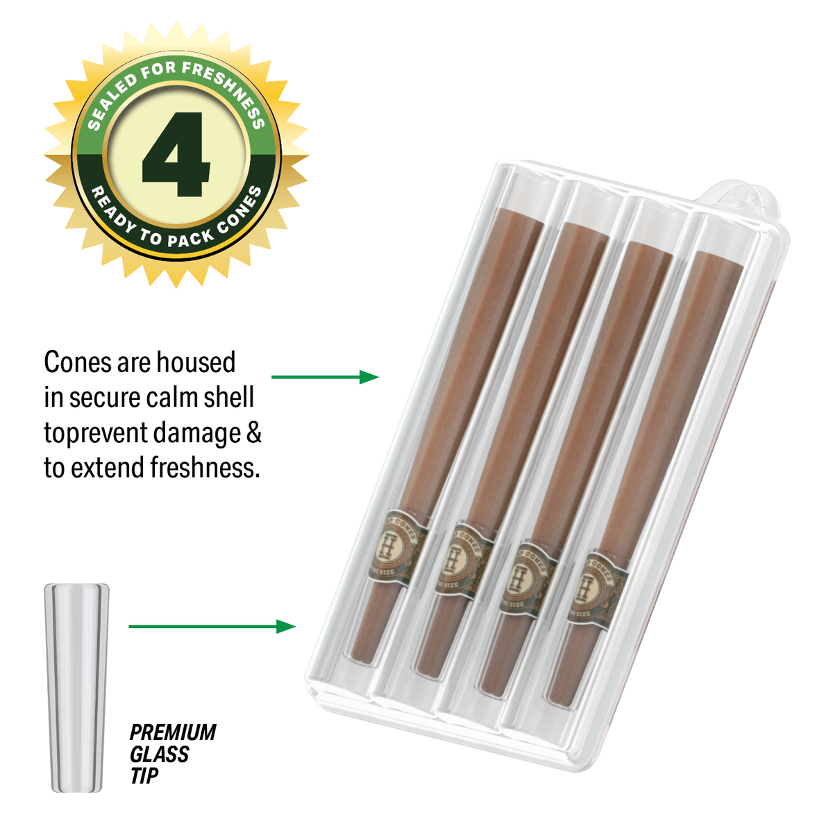 Pre-Rolled 4PK Mini Size Glass Tipped Hemp Cones | 12ct Display - Discreet Smoker