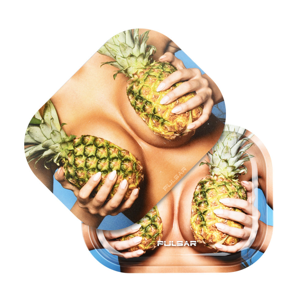Pulsar Mini Metal Rolling Tray w/ Lid - Large Pineapples / 7"x5.5" - Discreet Smoker