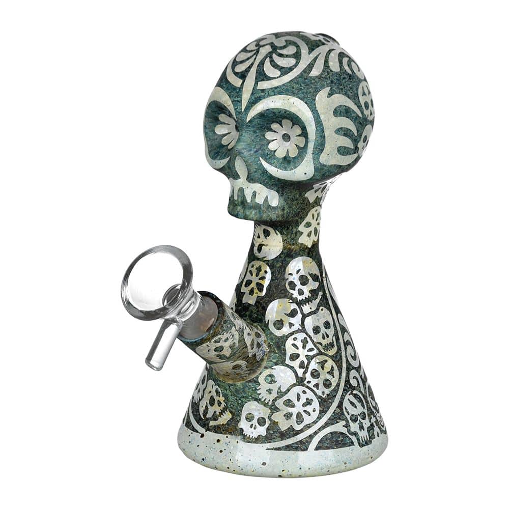 Etched Sugar Skull Glass Water Pipe - 5.5" / 14mm F - Discreet Smoker