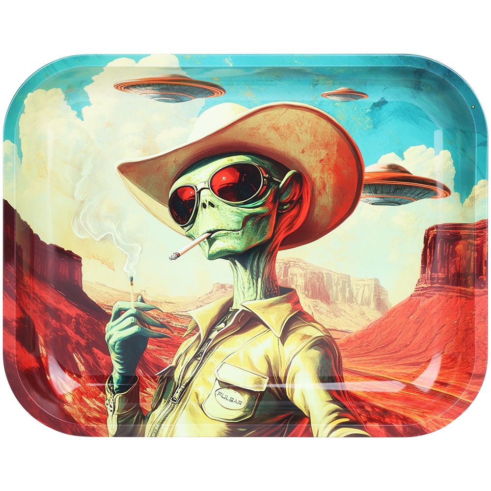 Pulsar Design Series Large Metal Rolling Tray - Cowboy Alien / 13"x11" - Discreet Smoker