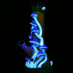 Mushroom Madness Glow in Dark Glass Beaker Water Pipe - 10" /14mm F/ Colors Vary