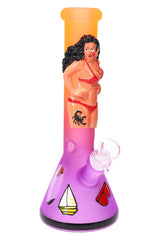 Frosted Glass Beaker Bong “Beach Babe” – Glass-on-Glass – Ice Pinch – 10″