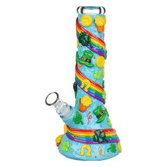 St. Patrick's Day Rainbows and Gold Glow In The Dark Water Pipe - 10" / 14mm F - Discreet Smoker