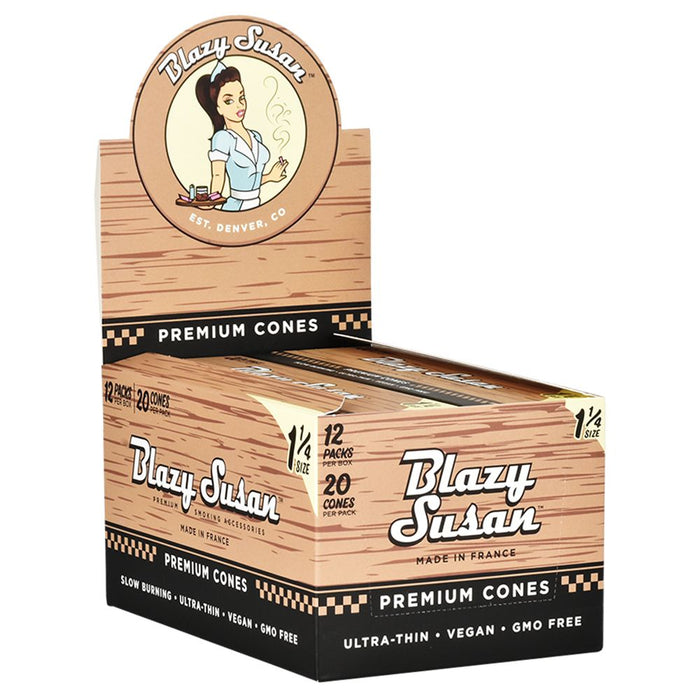 Blazy Susan Pre-Rolled Cones Slide Box | 1 1/4 | 20pc | 12pk Display Blazy Susan Pre-Rolled Cones Slide Box | 1 1/4 | Cone, Unbleached