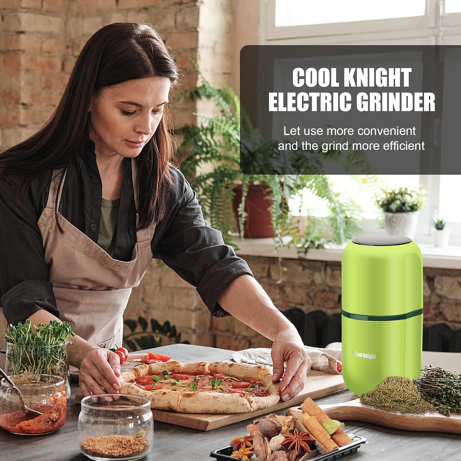 COOL KNIGHT Herb Grinder [Large Capacity/Fast/Electric ]-Spice Herb Coffee Grinder with Pollen Catcher/- 7.5" (Green)